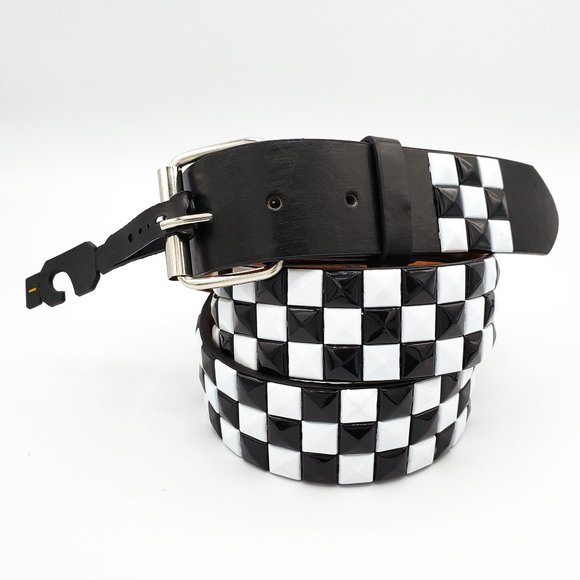 Black White Studded Leather Belt Unisex 3-Rows Metal Pyramid Size Extra Large - Picture 1 of 2